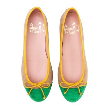 Bailarina plana en ante tricolor: beige, verde y amarillo - Modelo Afrodita.