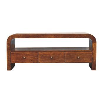 Mueble Multimedia Darcy De Madera Maciza, Estilo Artesanal, Con 3 Cajones, Color Castaño.