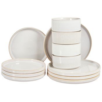 Vajilla De 12 Piezas De Gres Caolín Hecho A Mano Acabado Esmalte Reactivo Blanco Crema Spikenard