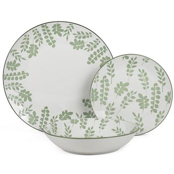 Vajilla 18 pzs porcelana blanco hojas verdes,plato llano: diam.27