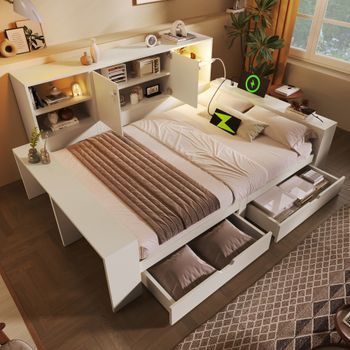 Cama De 140 X 200 Cm Con 2 Cajones, Compartimentos Y 2 Puertas - Mdf, Madera Contrachapada - Luz De Lectura, Puertos Usb/tipo C - Blanco