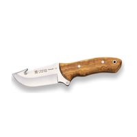 cuchillo desollador profesional joker venado co65 con desgarrador en el lomo con cachas de olivo y hoja de 10 cm funda de cuero herramienta de pesca caza camping y senderismo