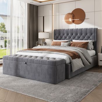 Cama Tapizada Doble Con Somier De Lamas, Elevación Hidráulica, Almacenamiento, Banco Tapizado De Almacenamiento, Terciopelo Gris, 140x200 Cm