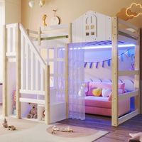 cama alta 90x200 con luces led escalera de almacenamiento y mosquitera blanco y natural