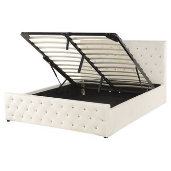 Cama Doble Tapizada En Terciopelo Beige 160 X 200 Cm Con Almacenamiento Cabecero Acolchado Amiens