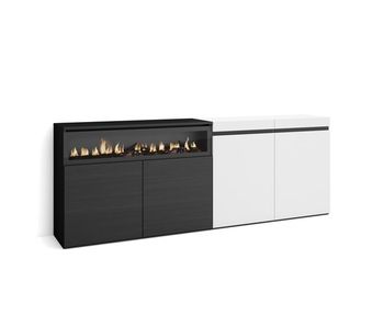 Aparador para salón, gran capacidad de almacenaje, 200x35x75cm, 4 puertas, chimenea eléctrica, estilo moderno, blanco y negro