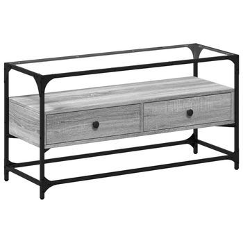 Mueble Tv Cristal Y Madera Ingeniería Gris Sonoma 98x35x51 Cm Vidaxl