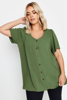 Yours Blusa Caqui De Manga Corta Con Pinzas, Mujer Curvy Y Tallas Grandes, Yours