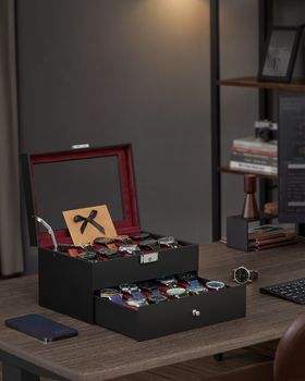 Caja para relojes de 2 niveles de color negro y rojo