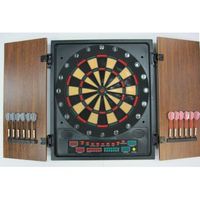 diana electronica con puertas de madera eros - 27 juegos - hasta 8 jugadores - incluye dardos - devessport