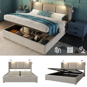 Cama Contenedor 160 X 200 Cm Con Cabecero - Tela De Lino - Usb + Lámpara De Lectura - Beige