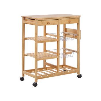 Carrito De Cocina Madera Marrón Claro De Bambú Con Ruedas Carrito De Comedor Movible Morino