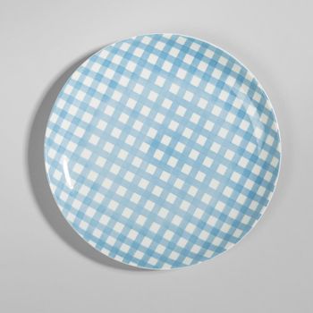 Plato llano de gres con cuadros vichy azul