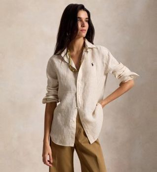 Polo Ralph Lauren para mujer. 211A96158010 Camisa de lino Classic Fit con rayas beige (M), Casual, Manga larga