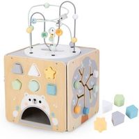 cubo de actividades montessori de madera con laberintos y formas