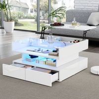 mesa de centro elevable blanca 80 x 80 x 45 cm con led y almacenaje