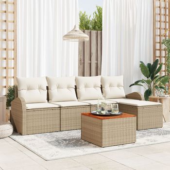 Conjunto De Sofá De Jardín  De 6 Piezas Con Cojines Beige De Poliratán Acacia V6826 Unico / Beige