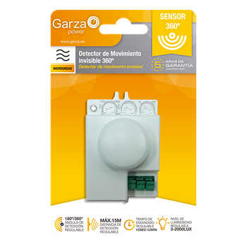 Garza Power - Detector De Movimiento Microondas Invisible, Ángulo Detección Regulable 180º / 360º, Blanco