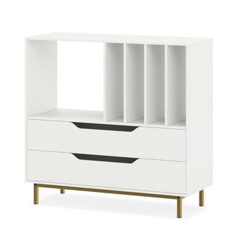 Costway Soporte para Tocadiscos Soporte de Giradiscos con Compartimento Abierto 4 Estantes de Vinilos 2 Cajones y Patas de Metal Armario Blanco
