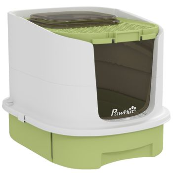 PawHut Arenero Cerrado para Gatos con Entrada Frontal Salida Superior Bandeja Extraíble y Pala 40,5x52,5x42,5 cm Blanco y Verde
