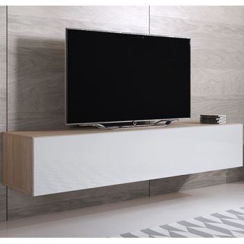 Mueble Tv Colgante | Mueble De Televisión | Mueble De Salón | 1 Puerta | 160x30x40cm | Modelo Luke H2 | Sonoma Mate Y Blanco Brillo