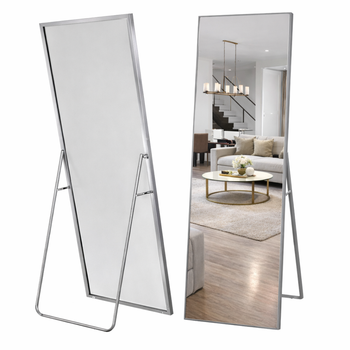Espejo De Pie De Cuerpo Entero Rectangular 140cmx40cm Plateado - Marco De Aluminio - 3 Modos De Uso: Independiente, Pared O Apoyado
