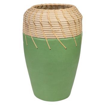 Florero Ceramica Verde/rattan