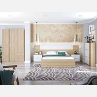 pack dormitorio matrimonio completo en blanco y roble canadian cama  armario  cabezal con mesitas  zapatero