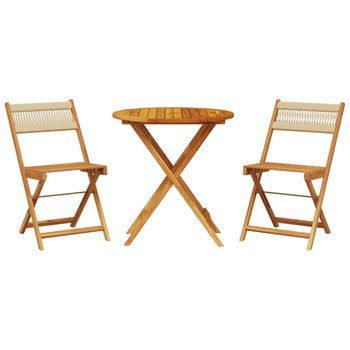 Juego De Bistro De 3 Uds | Conjunto Mueble Jardin Mesa Y Sillas Polipropileno Y Madera Maciza Beige