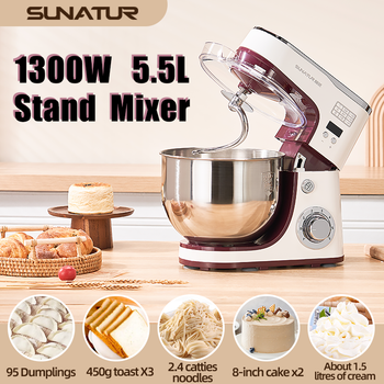 Batidora de Pedestal SUNATUR 1063 de 1300W y 5.5L, Mezcladora de Masa Automática para Uso Doméstico y Comercial, Filipinas
