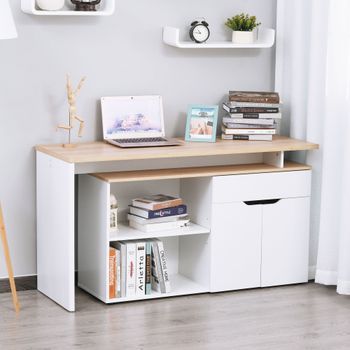Escritorio Esquinero Con Estantería, Tablero Reversible De 140 Cm, Madera Y Blanco