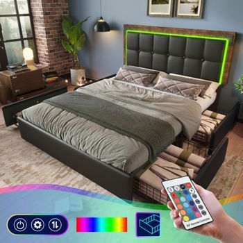 Cama Tapizada Doble 160x200 Cm Pu Negro Led 4 Cajones Cabecero Regulable Altura