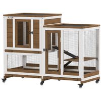 pawhut conejera de madera de 2 niveles jaula para conejos con ruedas escaleras y bandejas extraibles 110x50x86 cm marron