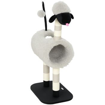 PawHut Árbol para gatos diseño de oveja, con postes rascadores, túnel y juguete, 98 cm, Gris claro