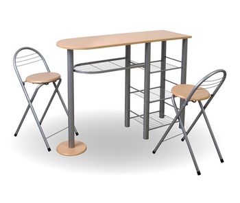 Conjunto malacca ii barra y 2 taburetes de bar haya y plata - conforama