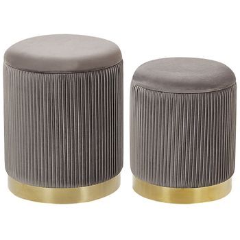 Conjunto De 2 Pufs Con Almacenaje Tapizados En Poliéster Gris Con Base Dorada Diseño Moderno Mechón Horizontal Miramar