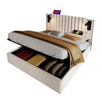 cama tapizada de 180x200 cm doble con almacenamiento hidraulico lampara de lectura usb cabecero con remaches somier de laminas algodon color beige sin colchonetas