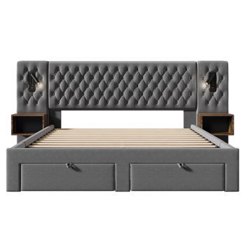 Juego De Cama 160x200cm Con 2 Mesitas De Noche Y 4 Cajones, Cabecero Iluminado Con Puerto Usb, Terciopelo, Colchón Incluido, Gris