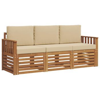 Juegos De Sofás 3 Piezas | Mueble De Jardín Natural Y Beige Madera De Acacia Sólida