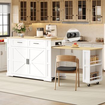 Isla De Cocina Extensible Con Ruedas, 130 X 50 X 93 Cm, Blanca Y Roble