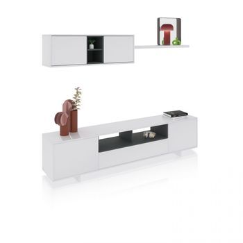 Salón Con Mueble De Tv Y Estantería 200 Cm Kenzo Blanco Brillo - Gris Antracita 200 X 46 X 41 Cm