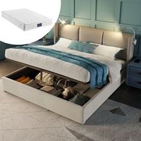 cama doble tapizada con almacenamiento y cabecera acolchada lampara led con puerto usb de lino 160x200 cm con somier de lamas y colchon