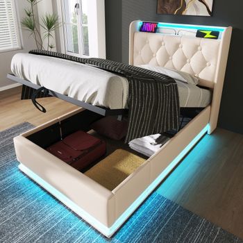 Cama Individual Acolchada Con Cofre Hidráulico, Led 360°, Botón De Presión/app/control Remoto, Usb Tipo-c, 90x200 Cm, Blanco Pu, Con Colchón