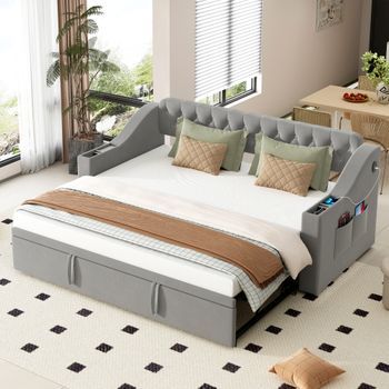 Cama Nido 90/180 X 190 Cm Con Cabecero - 2 Bolsillos Y Carga Usb - Terciopelo - Gris