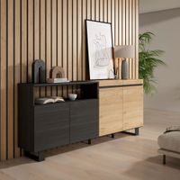 aparador efecto madera roble y negro 200x35x87cm con patas