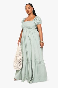 Vestido Plus Maxi De Algodón Popelina Con Mangas Abullonadas, Verde