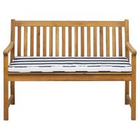 banco de jardin de madera de acacia clara 120 cm listones cojin azulblanco para exterior estilo rustico vivara