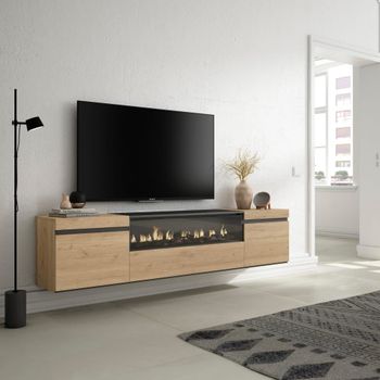 Mueble tv efecto madera roble y negro 200x35x45 chimenea efecto fuego