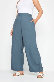 Yours Pantalones Anchos Color Azul Con Lino, Mujer Curvy Y Tallas Grandes, Yours