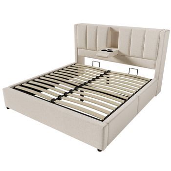 Cama Beige 140 X 200 Cm Con Almacenaje Hidráulico, 2 Portavasos, 3 Usb Y Usb-c